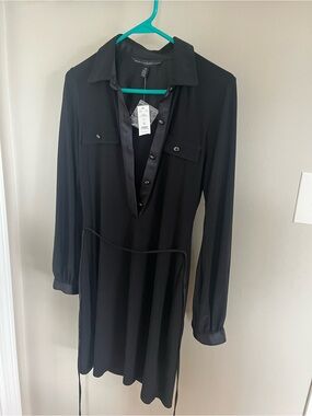 White House Black Market Black Long-Sleeve Shirt Dress with Tie
